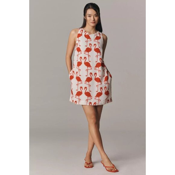 Maeve Sleeveless Linen Blend Printed Shift Mini Dress Flamingo Print L - Picture 3 of 3